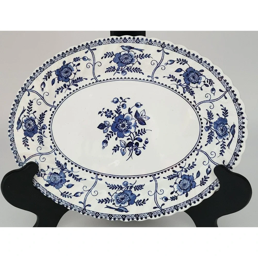 Johnson Bros Indies Serving Platter Large 12in Blue White Floral Bird EXC